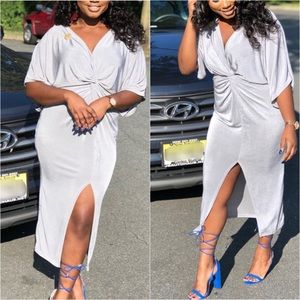 IceGrey Slinky TwistFront Kimono Sleeve Midi Dress